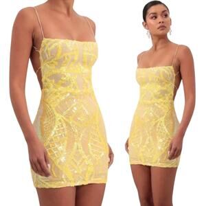 Lucy in the Sky Sequin Mini Dress Bodycon Open Back Strappy Yellow Cream Small